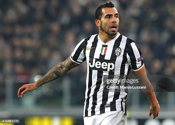 Carlos Tevez of Juventus FC looks on during the UEFA Europa League Round of 32 match between Juventus and AS Trabzonspor at Juventus Arena on...