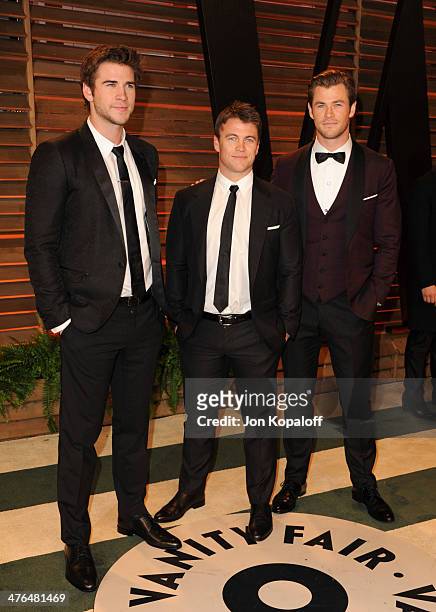 Luke Hemsworth, Liam Hemsworth and Chris Hemsworth attend the 2014 Vanity Fair Oscar Party hosted by Graydon Carter on March 2, 2014 in West...