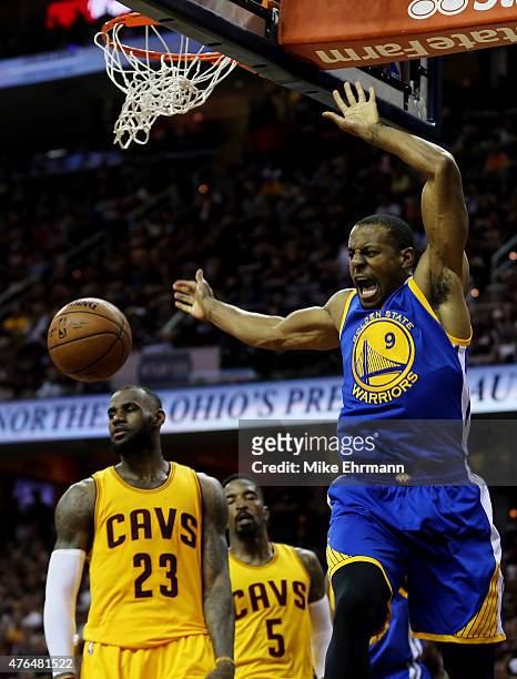 Andre Iguodala of the Golden State Warriors dunks against the Cleveland Cavaliers in the second quarter during Game Three of the 2015 NBA Finals at...
