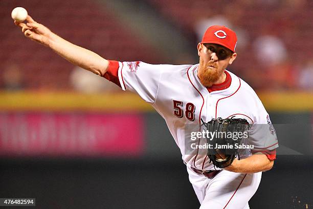 Nate Adcock of the Cincinnati Reds pitches in the ninth inning against the Philadelphia Phillies at Great American Ball Park on June 9, 2015 in...