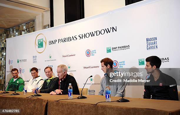 Mike Bryan, Bob Bryan, Patrick McEnroe, John McEnroe, Andy Murray of Great Britain and Novak Djokovic of Serbia answer questions during the BNP...