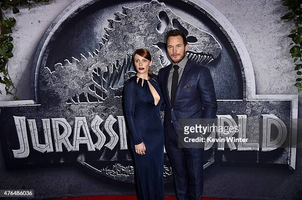 Actors Bryce Dallas Howard and Chris Pratt attend the Universal Pictures' "Jurassic World" premiere at the Dolby Theatre on June 9, 2015 in...