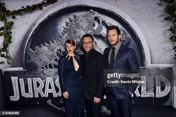 Actress Bryce Dallas Howard, Writer/Director Colin Trevorrow and Chris Pratt attend the Universal Pictures' "Jurassic World" premiere at the Dolby...