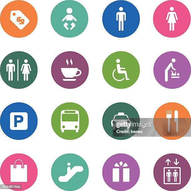 ilustraciones, imágenes clip art, dibujos animados e iconos de stock de círculo iconos/serie & pública centro comercial - símbolo internacional de accesibilidad