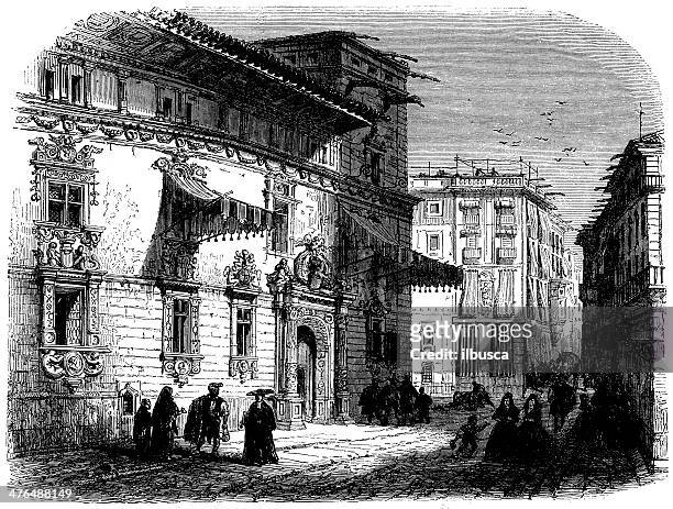 stockillustraties, clipart, cartoons en iconen met antique illustration of casa de gralla in barcelona - casa