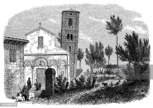antique illustration of san michele degli scalzi - leaning-tower-of-pisa-drawing stock illustrations