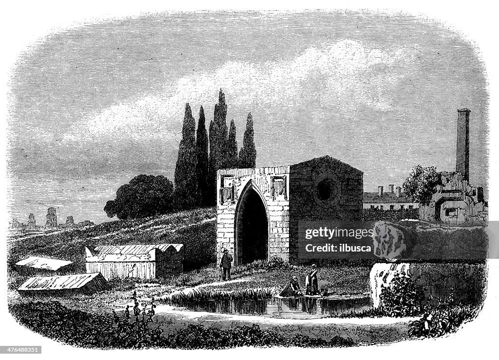 Antique illustration of Aliscamps in Arles