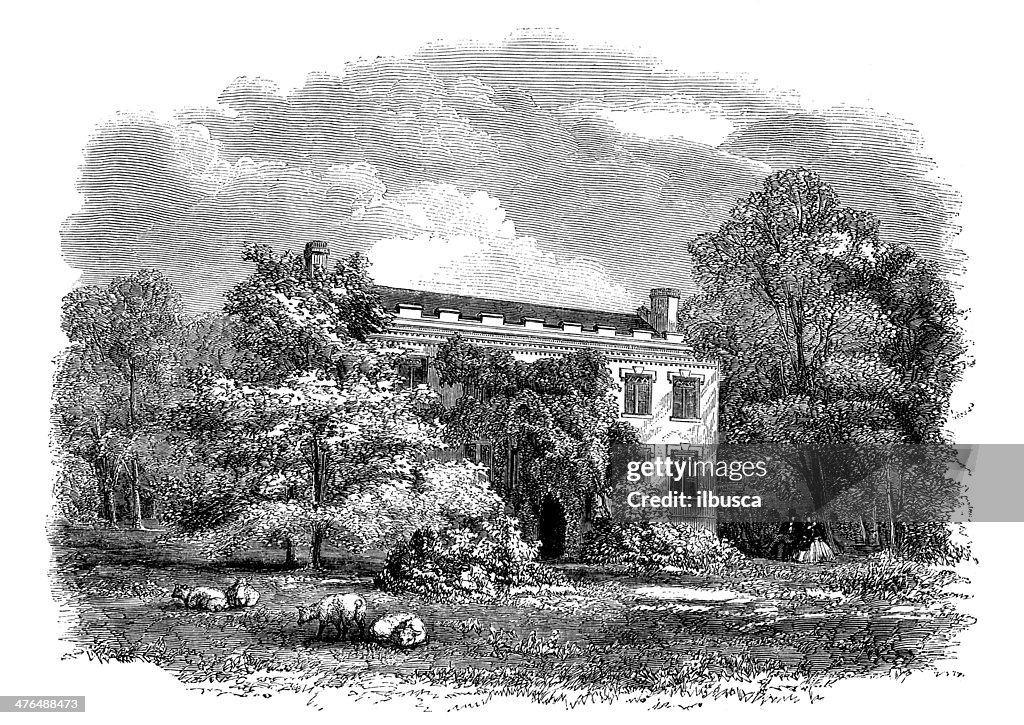 Antique illustration of Fenimore Cooper house in Cooperstown