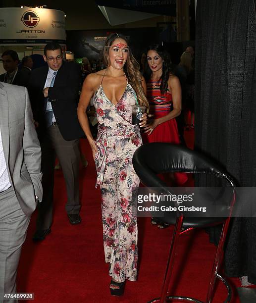 Models and wrestlers Nikki Bella and her twin sister Brie Bella arrive at the Licensing Expo 2015 at the Mandalay Bay Convention Center on June 9,...