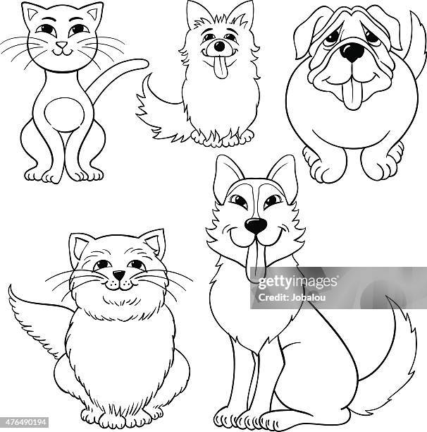 cats and dogs cartoon - coloring in stock illustrations