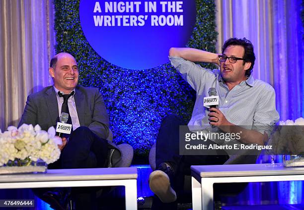 Writer Matthew Weiner of 'Mad Men' and Andrew Kreisberg of 'The Flash' speak at Variety's A Night In The Writers' Room at the Four Seasons on June 9,...