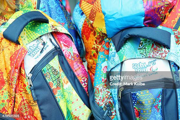 General view of volunteer uniforms and backpacks are seen on March 3, 2014 in Sochi, Russia.