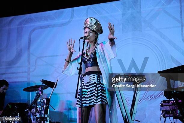 Aluna Francis of AlunaGeorge performs at LE Miami Kick-off Event at W South Beach Hotel & Residences on June 9, 2015 in Miami Beach, Florida.