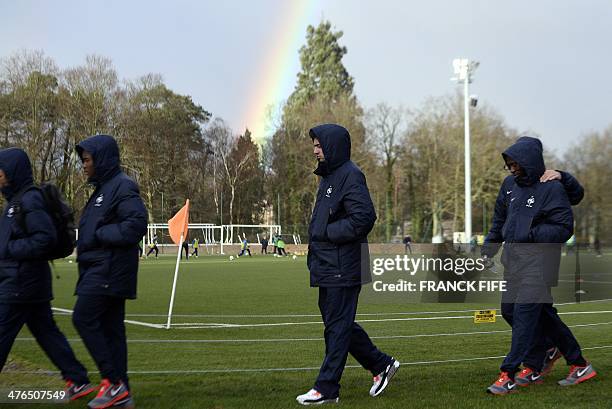 Enzo Zidane , the 18-year-old son of French legend Zinedine Zidane who plays in the youth team of Real Madrid, walks with players of the France U19...