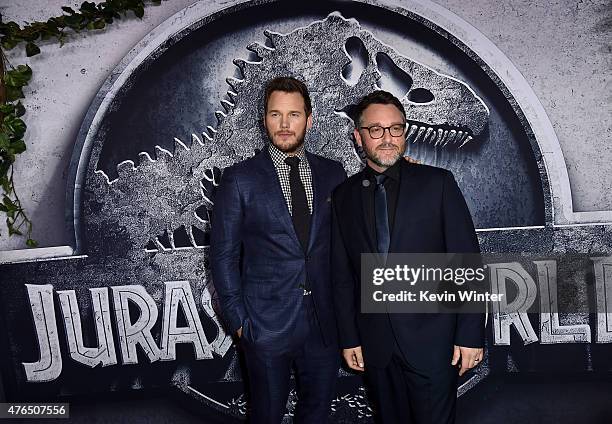 Actor Chris Pratt and Writer/Director Colin Trevorrow attend the Universal Pictures' "Jurassic World" premiere at the Dolby Theatre on June 9, 2015...