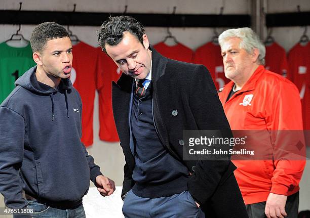 Calvin Demba as Jordan, Daniel Mays, as Kidd and Peter Wight, as Yates perform on stage during a performance of 'The Red Lion' a new play by Patrick...