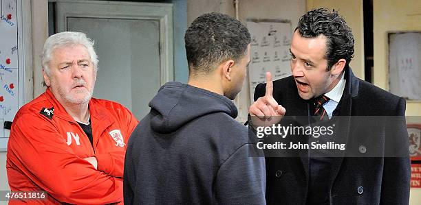 Peter Wight, as Yates, Calvin Demba, as Jordan and Daniel Mays, as Kidd perform on stage during a performance of 'The Red Lion' a new play by Patrick...