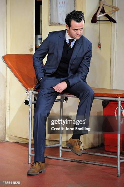 Daniel Mays, as Kidd performs on stage during a performance of 'The Red Lion' a new play by Patrick Marber at The National Theatre on June 9, 2015 in...
