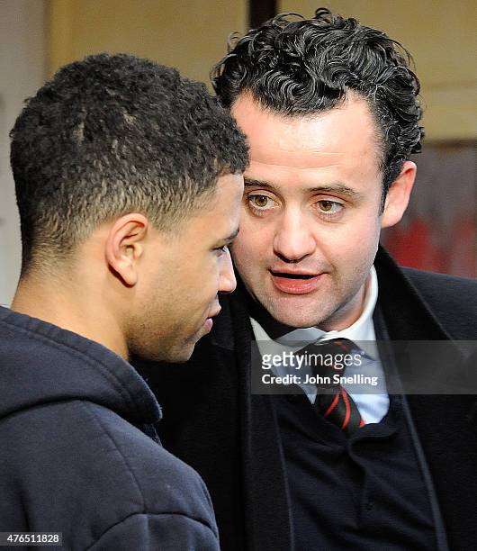 Calvin Demba, as Jordan and Daniel Mays, as Kidd perform on stage during a performance of 'The Red Lion' a new play by Patrick Marber at The National...
