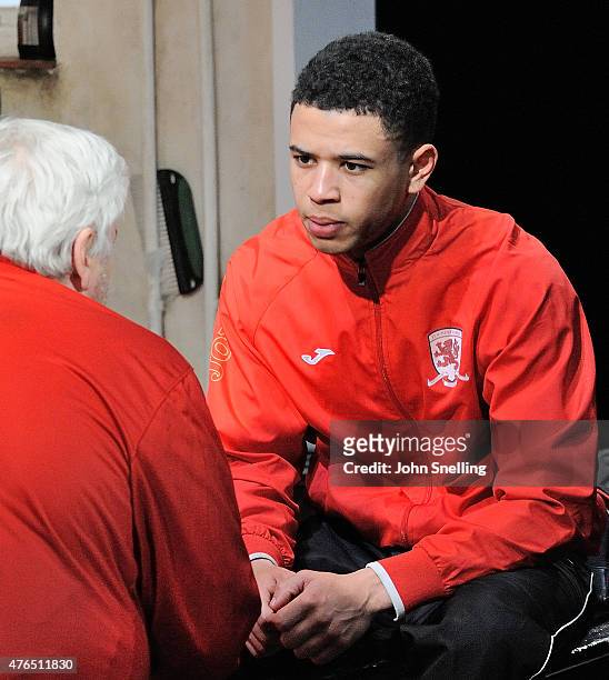 Peter Wight, as Yates and Calvin Demba as Jordan perform on stage during a performance of 'The Red Lion' a new play by Patrick Marber at The National...