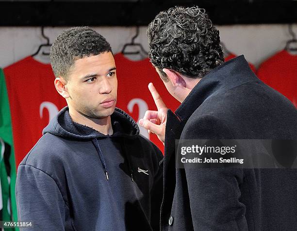 Calvin Demba, as Jordan and Daniel Mays, as Kidd perform on stage during a performance of 'The Red Lion' a new play by Patrick Marber at The National...