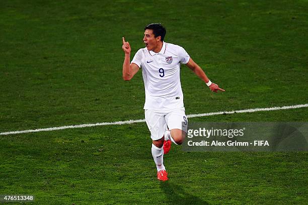 Rubio Rubin of USA celebrates his team's first goal during the FIFA U-20 World Cup New Zealand 2015 Round of 16 match between USA and Colombia at...