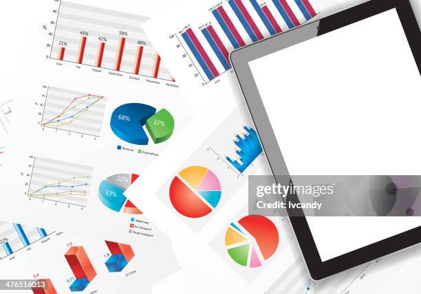 tablet pc on statistics chart - computer screen close up stock illustrations