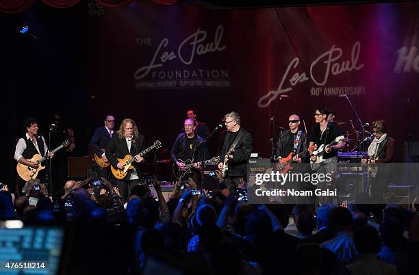 Neal Schon, Joe Bonamassa, Warren Haynes, G. E. Smith, Steve Miller, Joe Satriani, Steve Vai and Johnny A. Perform during Les Paul's 100th...