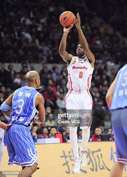 Emmanuel Mudiay of Guangdong Southern Tigers in action during the CBA 14/15 semi-final game against Beijing Ducks on March 1, 2015 in Dongguan,...