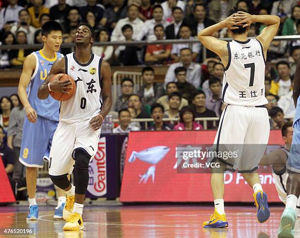 Emmanuel Mudiay of Guangdong Southern Tigers in action during the CBA 14/15 game against Shandong Hi-speed on November 7, 2014 in Dongguan, Guangdong...