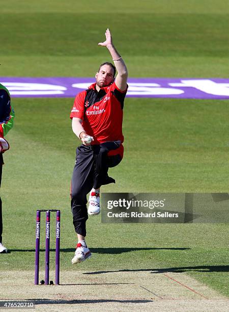 Durham Jets John Hastings bowling during the NatWest T20 Blast between Durham Jets and Birmingham Bears at Emirates Durham ICG, on June 06, 2015 in...