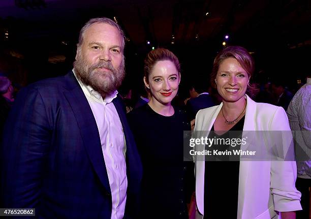 Actor Vincent D'Onofrio, actress Judy Greer and Vincents wife Carin van der Donk pose at the after party for the premiere of Universal Pictures'...