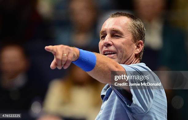 Ivan Lendl in action during his match against Pat Cash during the World Tennis Day London Showdown press conference at the Athenaeum Hotel at...