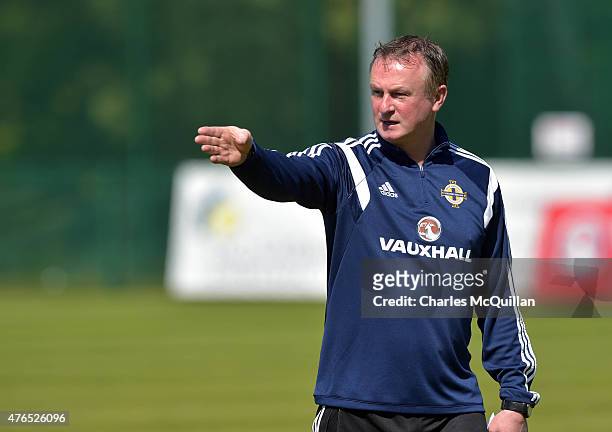 Northern Ireland manager Michael O'Neill during a squad training session at Queens University Sports Ground on June 10, 2015 in Belfast, Northern...