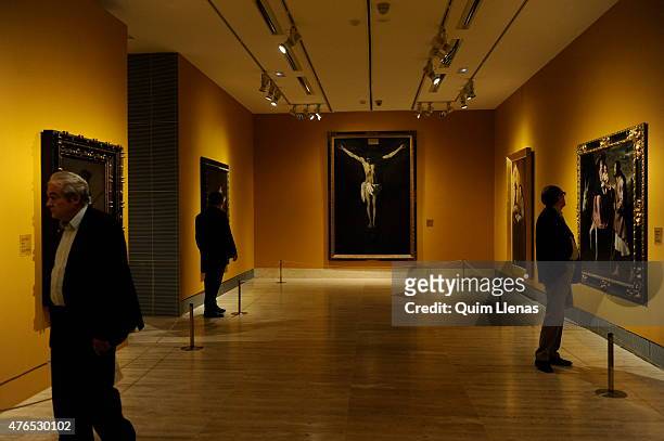 The painting 'Cristo muerto en la cruz' by Francisco de Zurbaran and other paintings on display during the opening for the press of the exhibition...