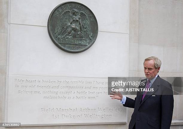 Arthur Charles Valerian Wellesley, the 9th Duke of Wellington, unveils a memorial at Waterloo station in central London on June 10 to honour the...