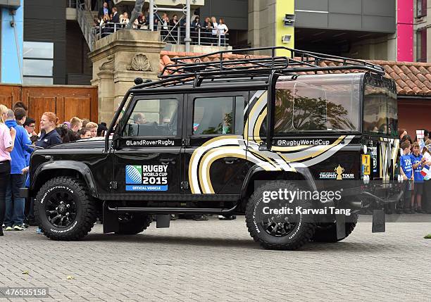 The Land Rover that will be used for the Rugby World Cup Trophy Tour at the launch today at Twickenham Stadium on June 10, 2015 in London, England.