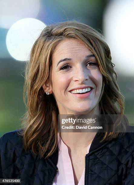 Cara Robinson of England working on the Golf Channel Morning Drive Show from the driving range as a preview for the 2015 KPMG Women's PGA...