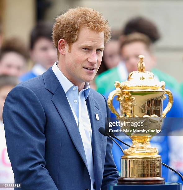 Prince Harry stands alongside the Webb Ellis Cup as he attends the launch of the Rugby World Cup Trophy Tour, 100 days before the Rugby World Cup at...