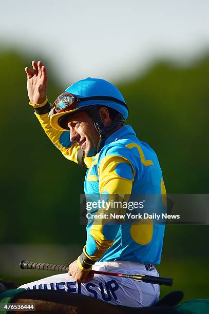 Victor Espinoza riding American Pharoah wins the 147th running of the Belmont Stakes Saturday, June 6, 2015 at Belmont Racetrack in Elmont, NY....