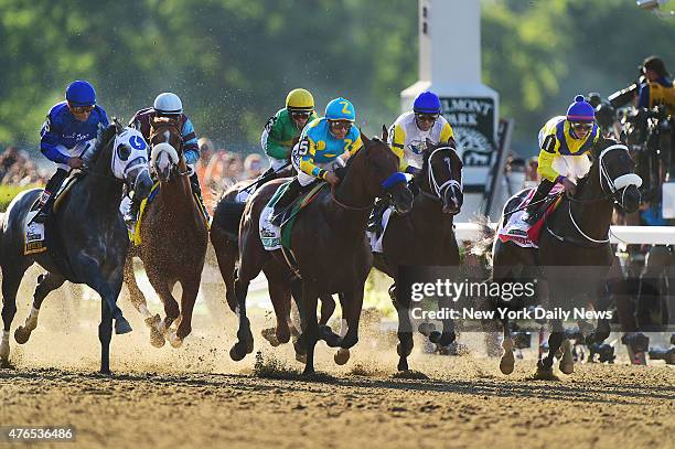 Victor Espinoza riding American Pharoah wins the 147th running of the Belmont Stakes Saturday, June 6, 2015 at Belmont Racetrack in Elmont, NY....