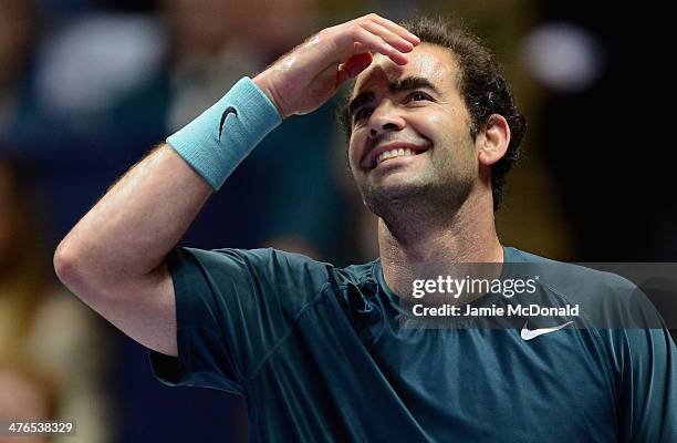 Pet Sampras in action during his match against Andre Agassi during the World Tennis Day London Showdown press conference at the Athenaeum Hotel at...