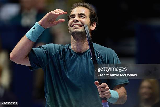 Pet Sampras in action during his match against Andre Agassi during the World Tennis Day London Showdown press conference at the Athenaeum Hotel at...