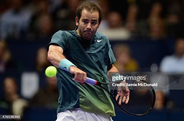 Pet Sampras in action during his match against Andre Agassi during the World Tennis Day London Showdown press conference at the Athenaeum Hotel at...