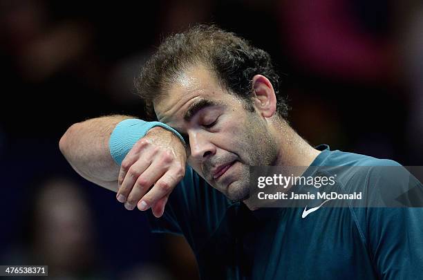 Pet Sampras in action during his match against Andre Agassi during the World Tennis Day London Showdown press conference at the Athenaeum Hotel at...
