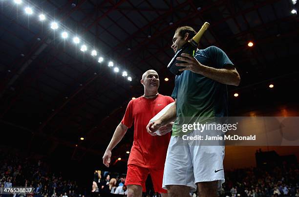 Andre Agassi and Pete Sampras after there match during the World Tennis Day London Showdown press conference at the Athenaeum Hotel at Piccadilly on...