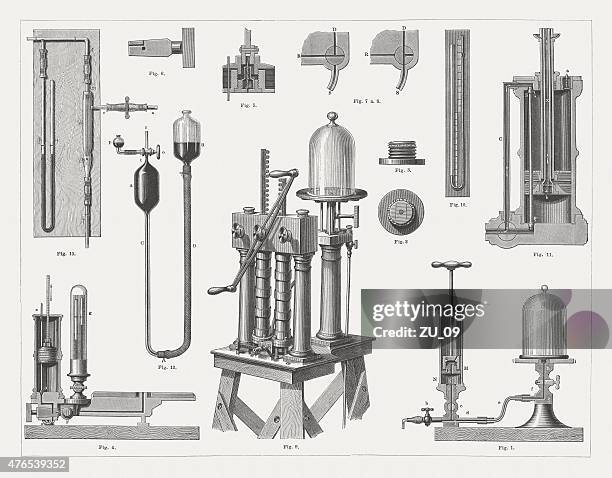 historic air pumps, wood engravings, published in 1877 - breaking new ground photos stock illustrations