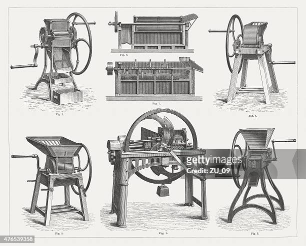 agricultural equipment, wood engravings, published in 1877 - grind stock illustrations