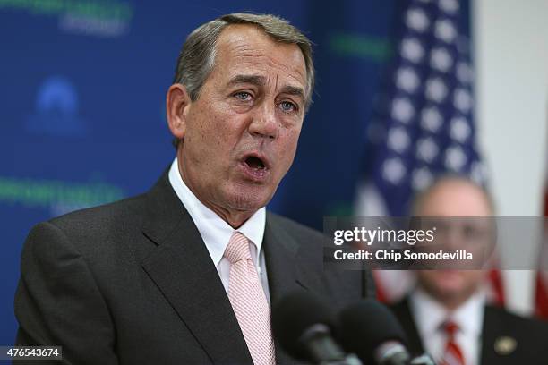 Speaker of the House John Boehner answers reporters' questions during a news conference following the weekly House GOP conference meeting at the U.S....