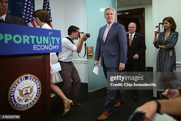 House Majority Leader Kevin McCarthy and House Majority Whip Steve Scalise arrive for a news conference following the weekly House GOP conference...